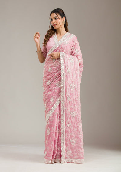 Pink Zariwork (Gold) Organza Readymade Salwar Suit-koskii
