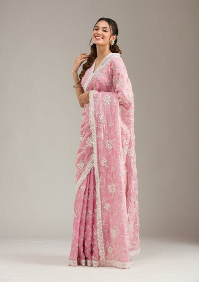 Pink Zariwork (Gold) Organza Readymade Salwar Suit-koskii