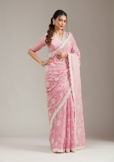 Pink Zariwork (Gold) Organza Readymade Salwar Suit-koskii