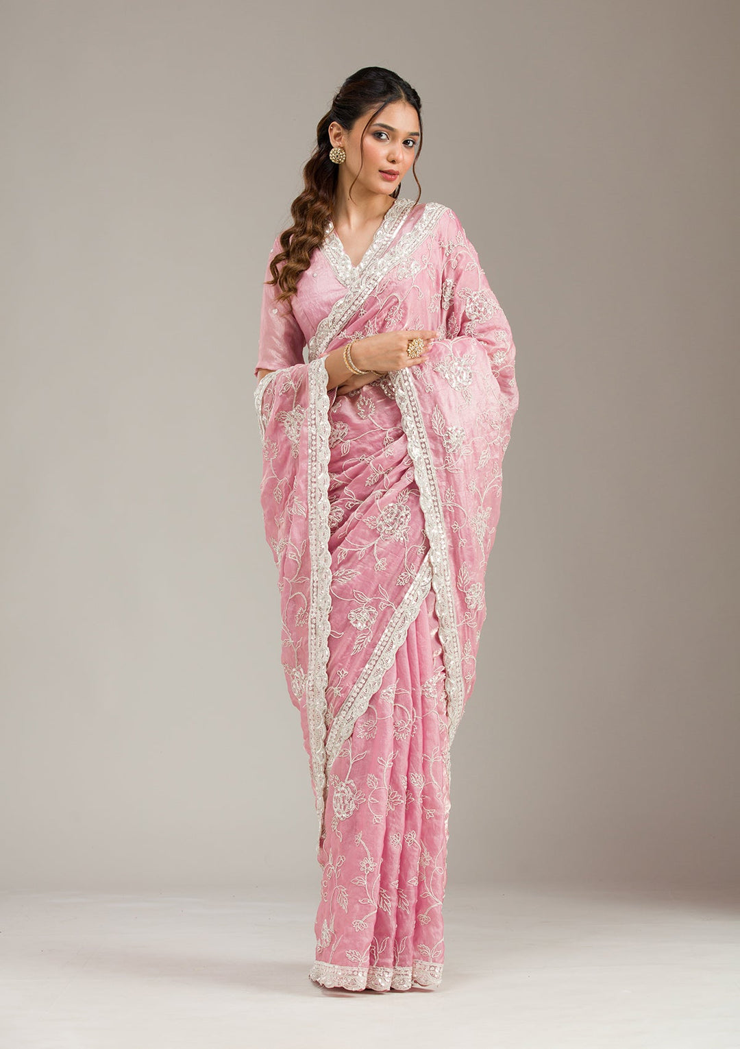 Pink Zariwork (Gold) Organza Readymade Salwar Suit-koskii
