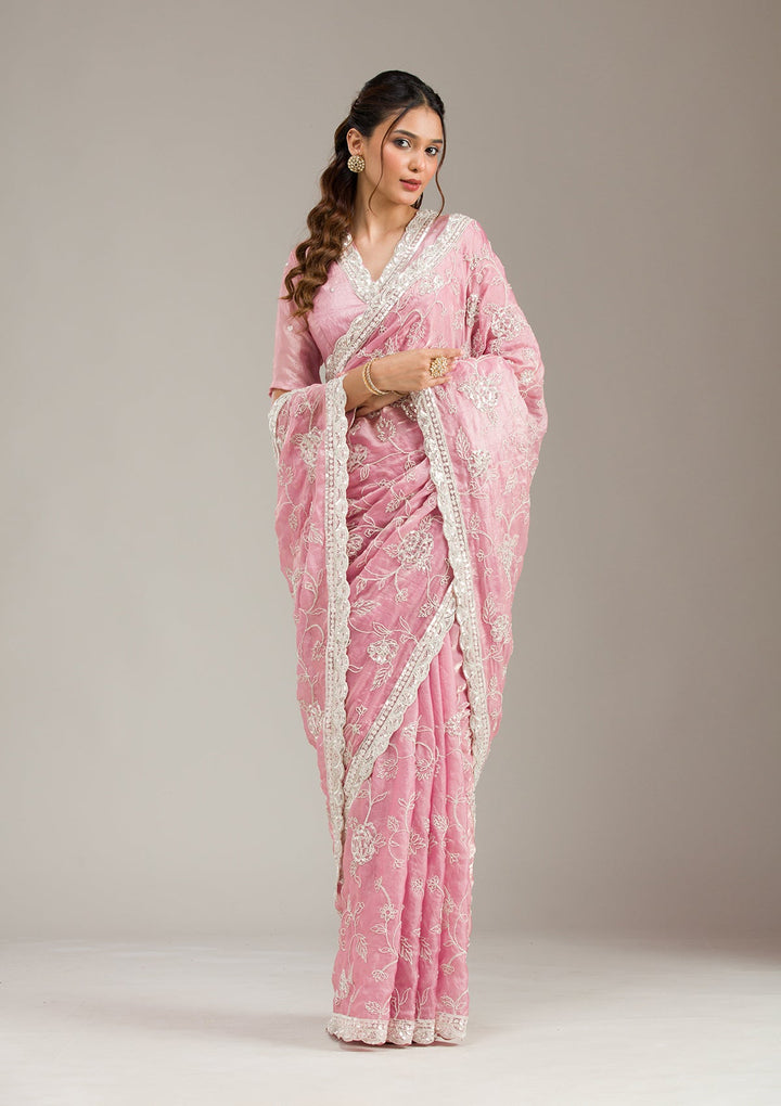 Pink Zariwork (Gold) Organza Readymade Salwar Suit-koskii