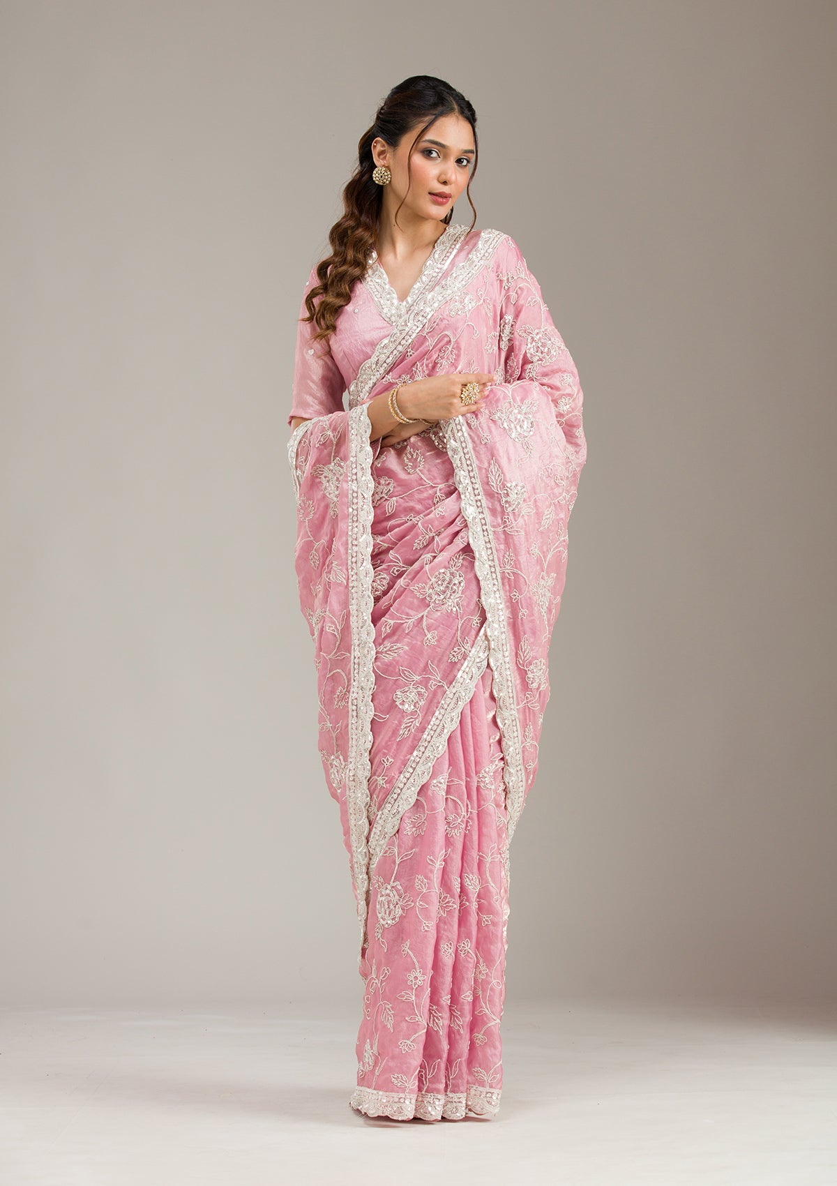 Pink Zariwork (Gold) Organza Readymade Salwar Suit-koskii