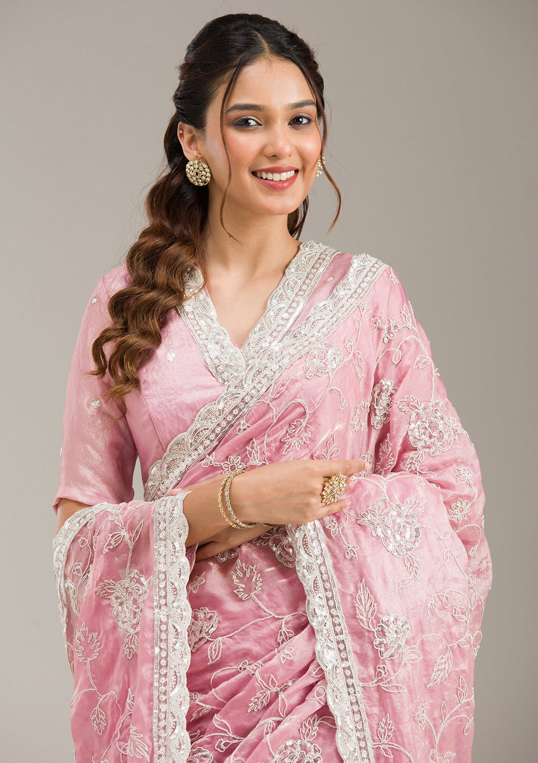 Pink Zariwork (Gold) Organza Readymade Salwar Suit-koskii