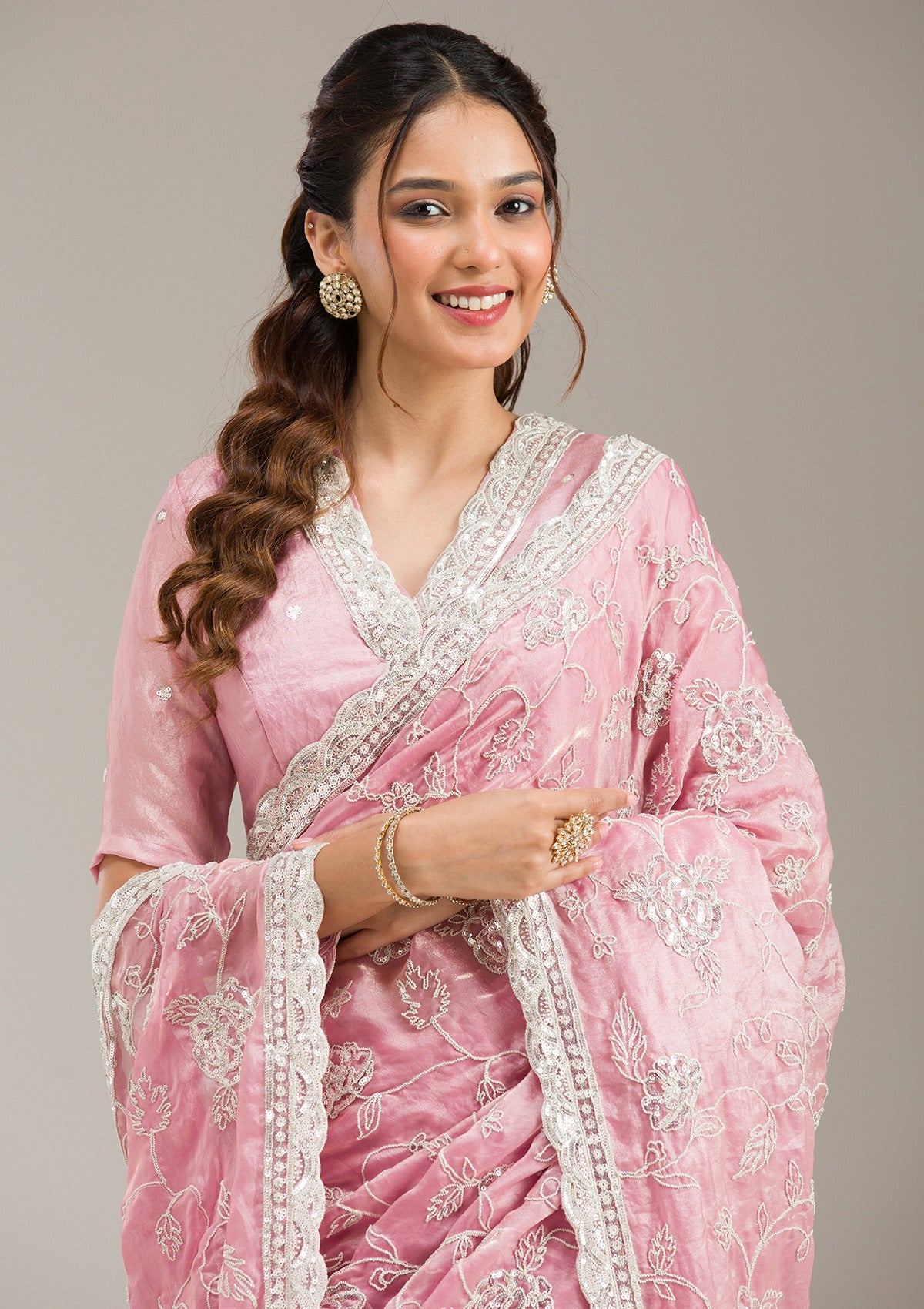 Pink Zariwork (Gold) Organza Readymade Salwar Suit-koskii