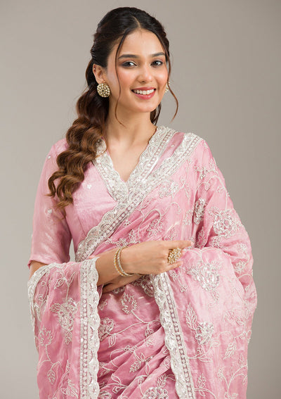 Pink Zariwork (Gold) Organza Readymade Salwar Suit-koskii