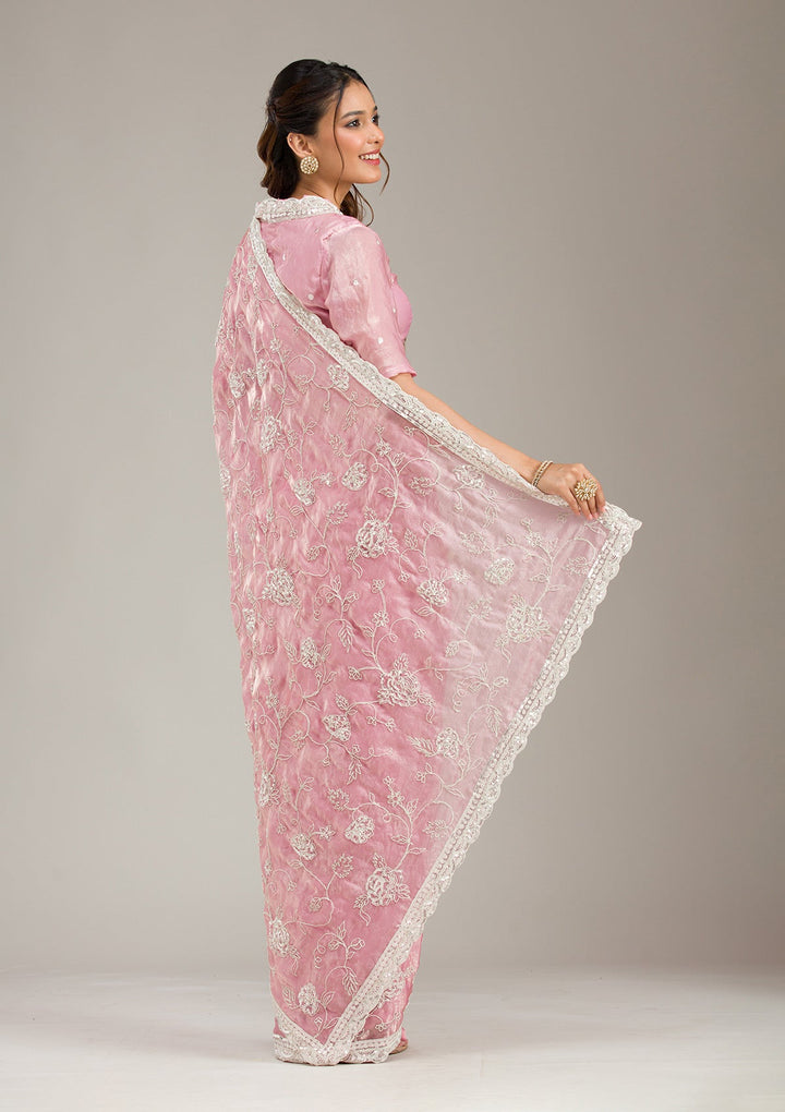 Pink Zariwork (Gold) Organza Readymade Salwar Suit-koskii