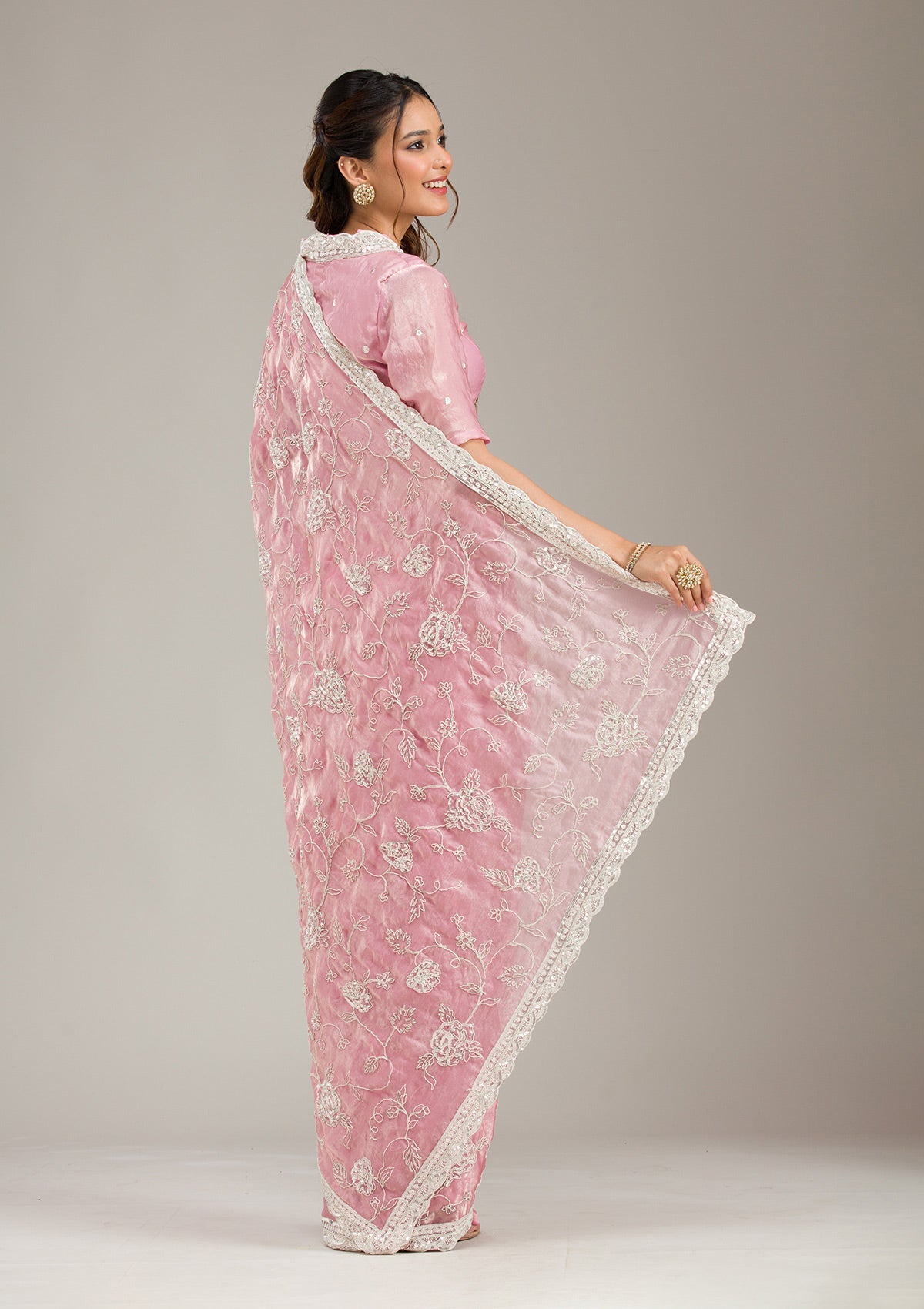 Pink Zariwork (Gold) Organza Readymade Salwar Suit-koskii