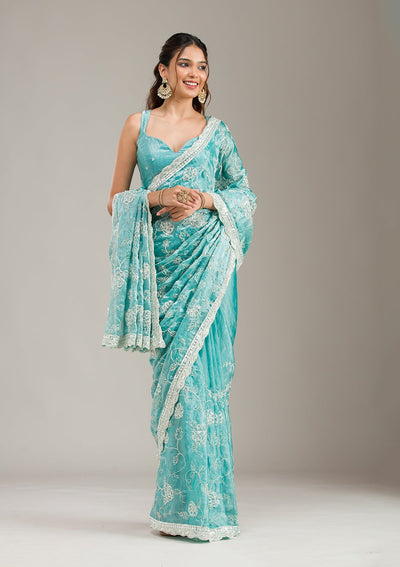 Sea Green Kashmiri Soft Raw Silk Saree-koskii