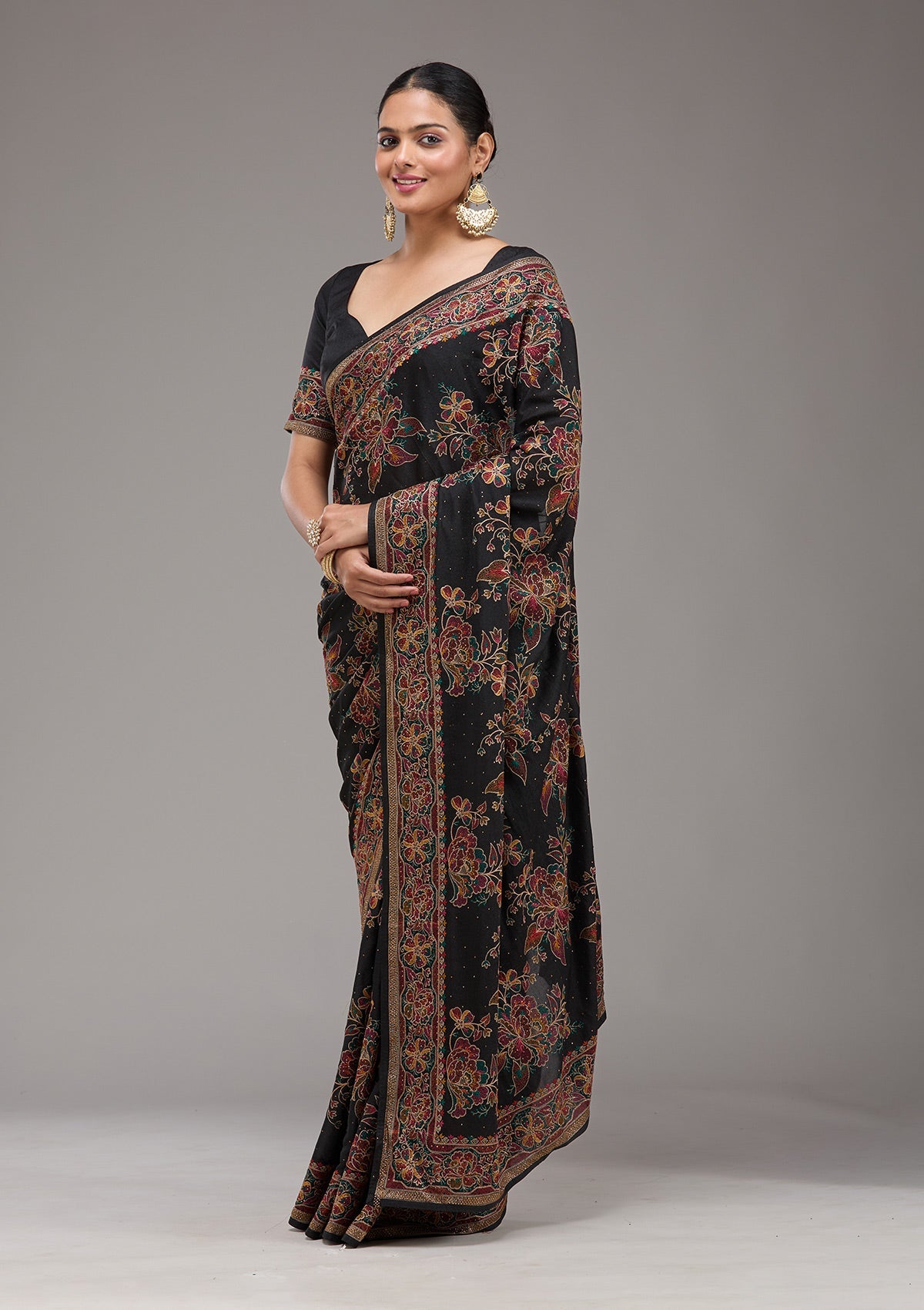 Black Threadwork Tissue Saree-Koskii