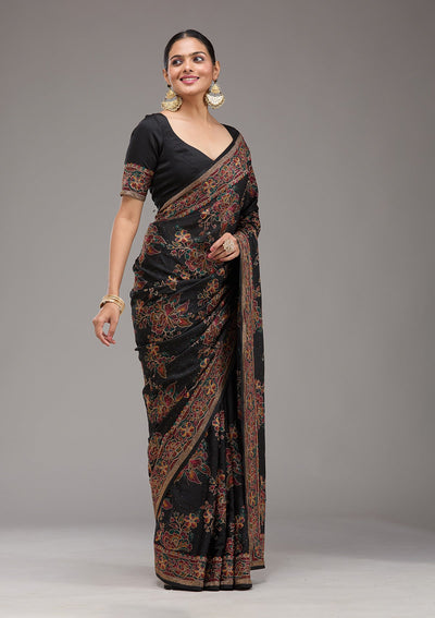 Black Threadwork Tissue Saree-Koskii