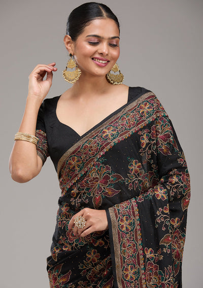 Black Threadwork Tissue Saree-Koskii