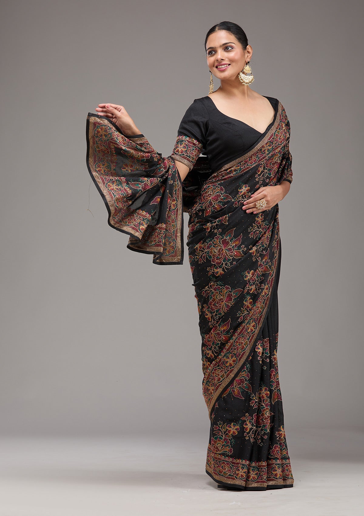 Black Threadwork Tissue Saree-Koskii