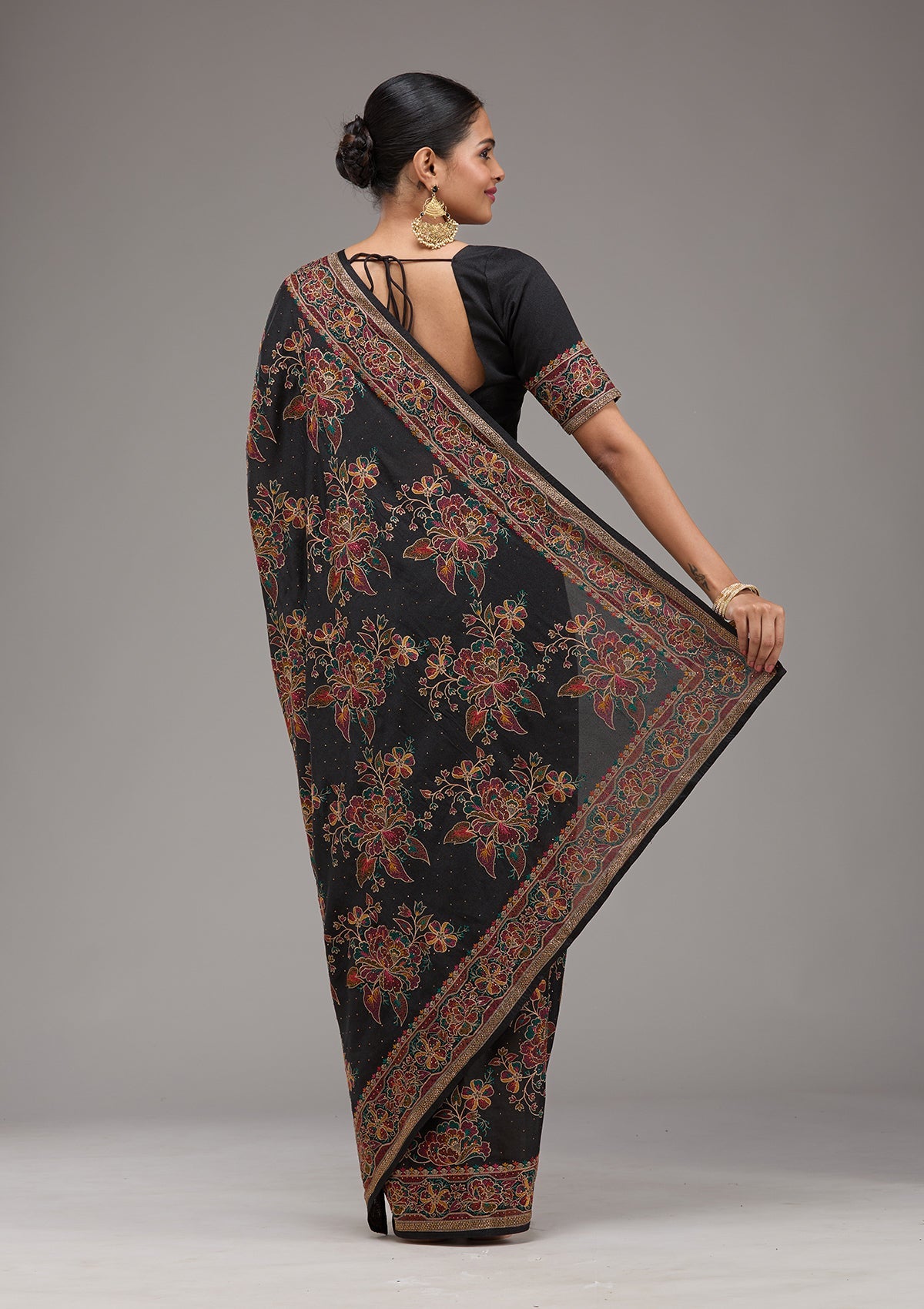 Black Threadwork Tissue Saree-Koskii