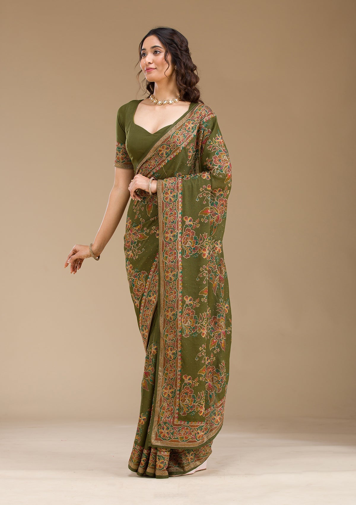 Mehendi Threadwork Tissue Saree-Koskii