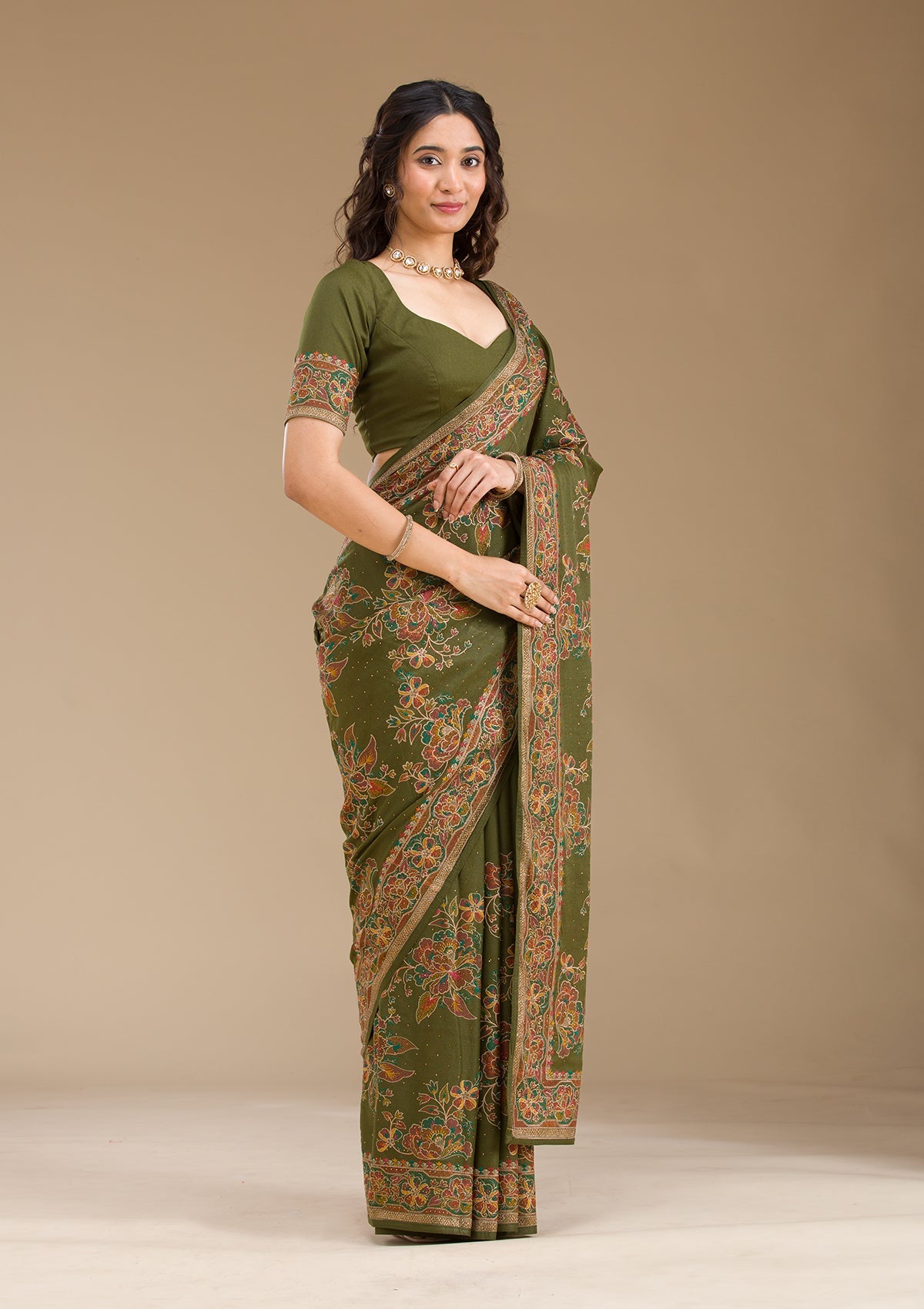 Mehendi Threadwork Tissue Saree-Koskii