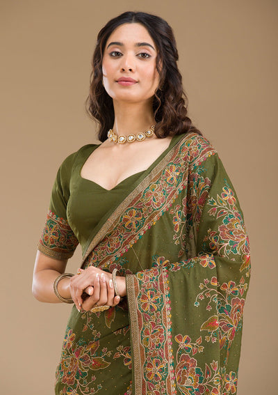 Mehendi Threadwork Tissue Saree-Koskii