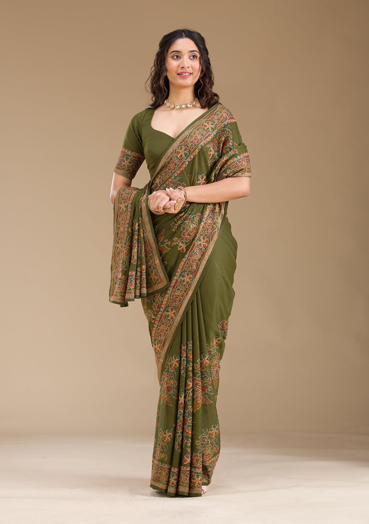 Mehendi Threadwork Tissue Saree-Koskii