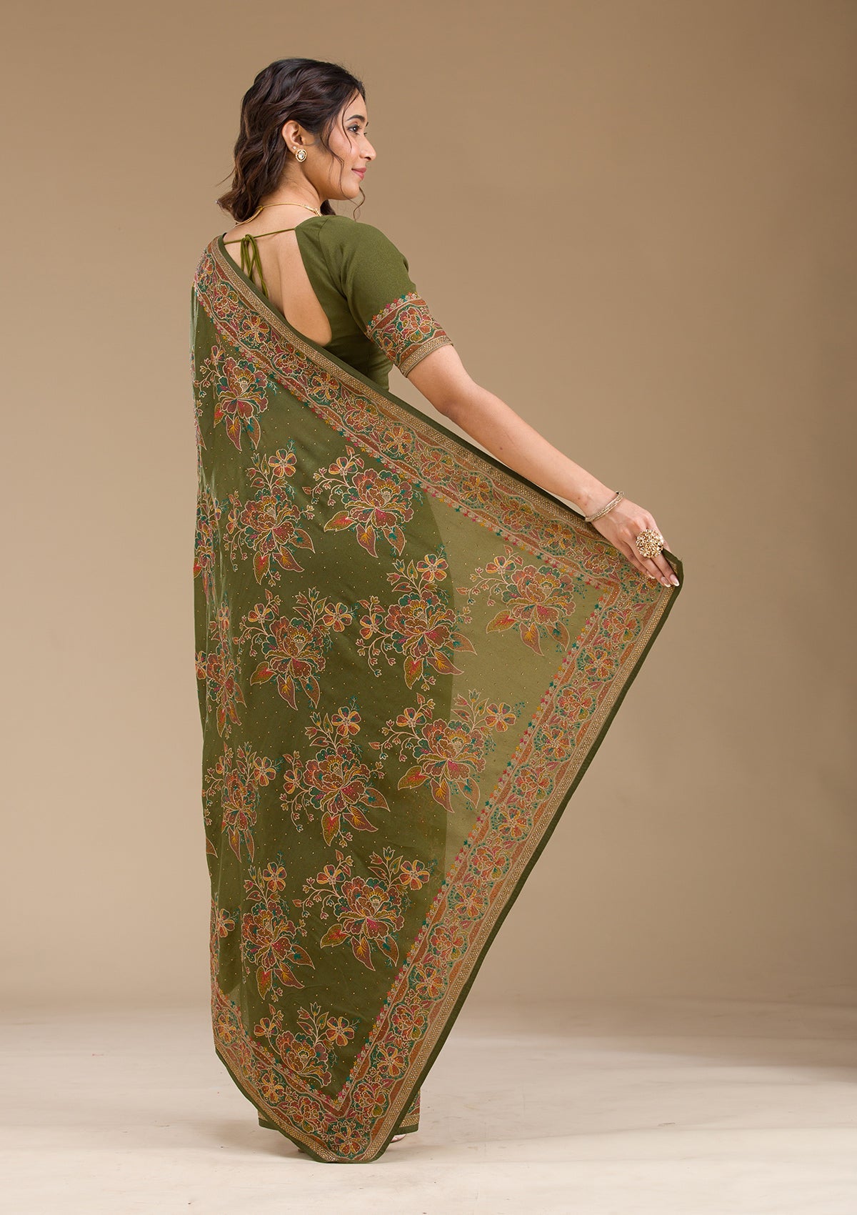 Mehendi Threadwork Tissue Saree-Koskii