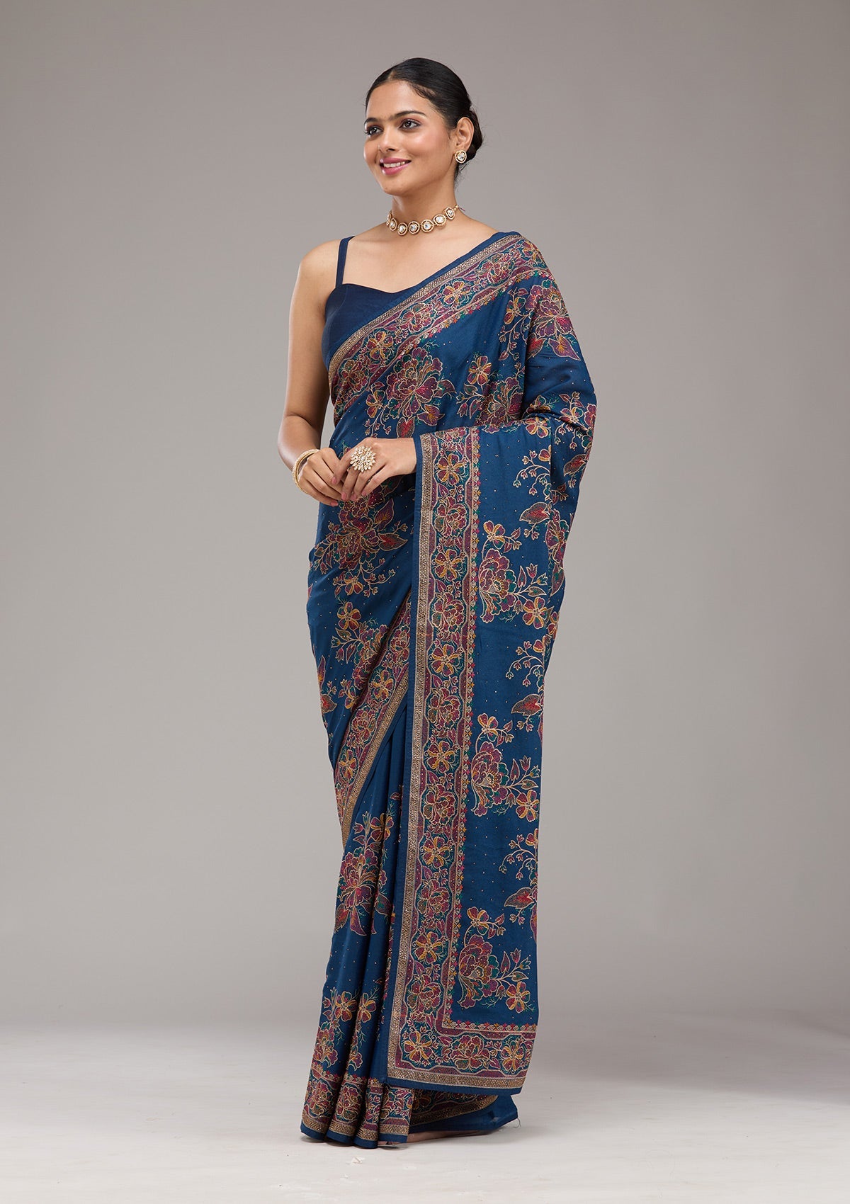 Navy Blue Threadwork Tissue Saree-Koskii