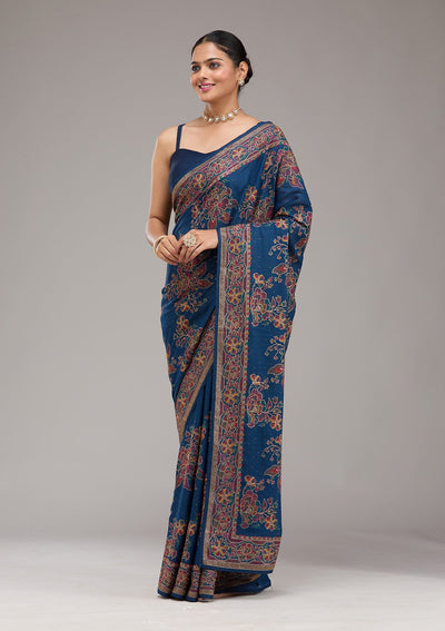 Navy Blue Threadwork Tissue Saree-Koskii