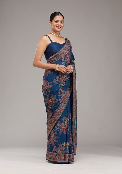 Navy Blue Threadwork Tissue Saree-Koskii