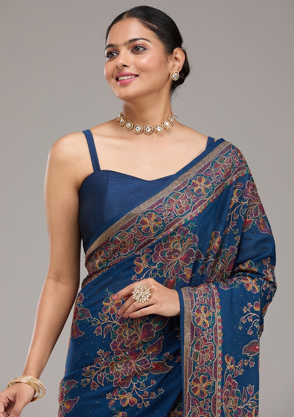 Navy Blue Threadwork Tissue Saree-Koskii