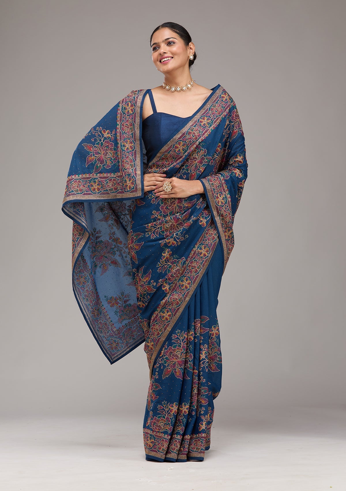 Navy Blue Threadwork Tissue Saree-Koskii