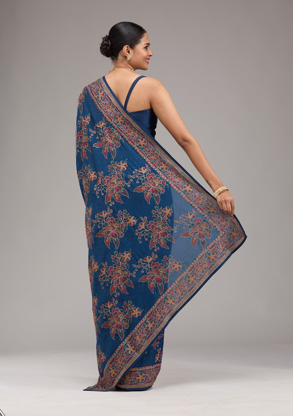 Navy Blue Threadwork Tissue Saree-Koskii