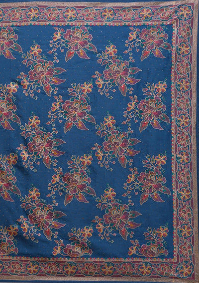 Navy Blue Threadwork Tissue Saree-Koskii