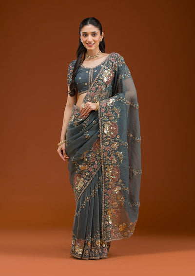 Light Grey Sequins Tissue Saree-Koskii