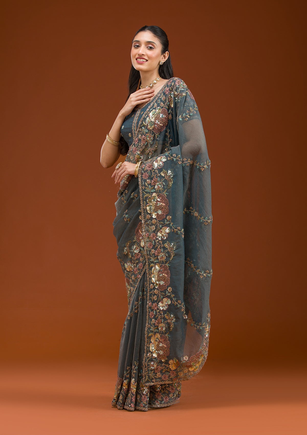 Light Grey Sequins Tissue Saree-Koskii