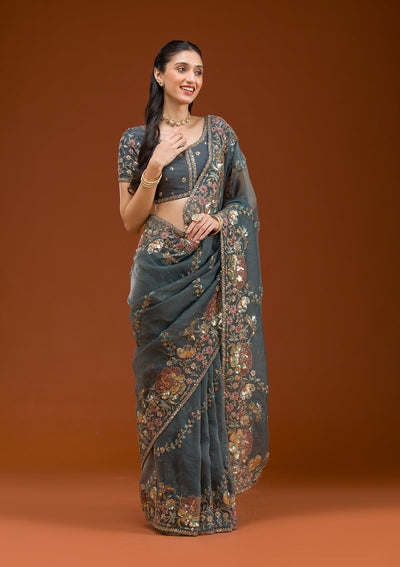 Light Grey Sequins Tissue Saree-Koskii