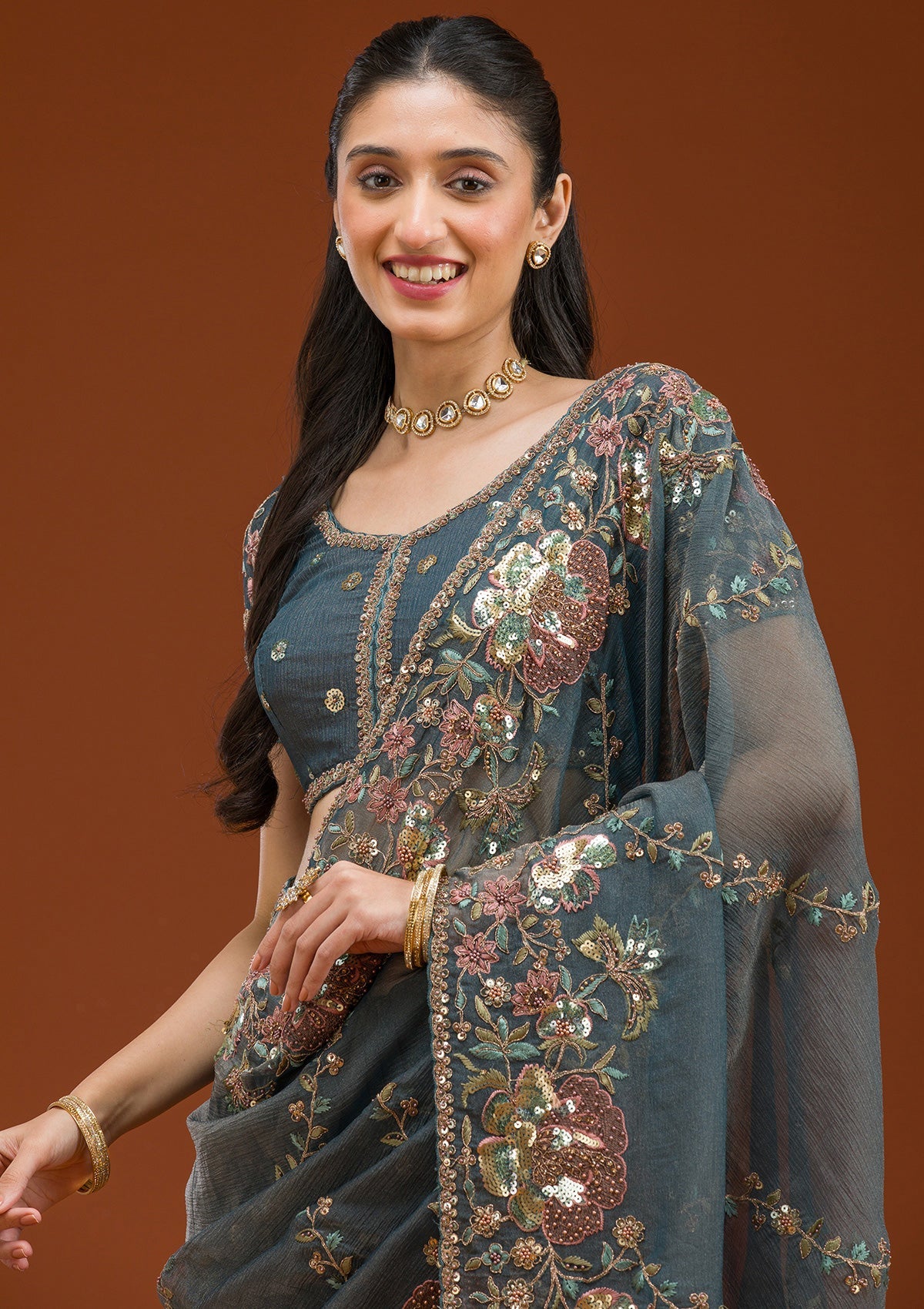 Light Grey Sequins Tissue Saree-Koskii