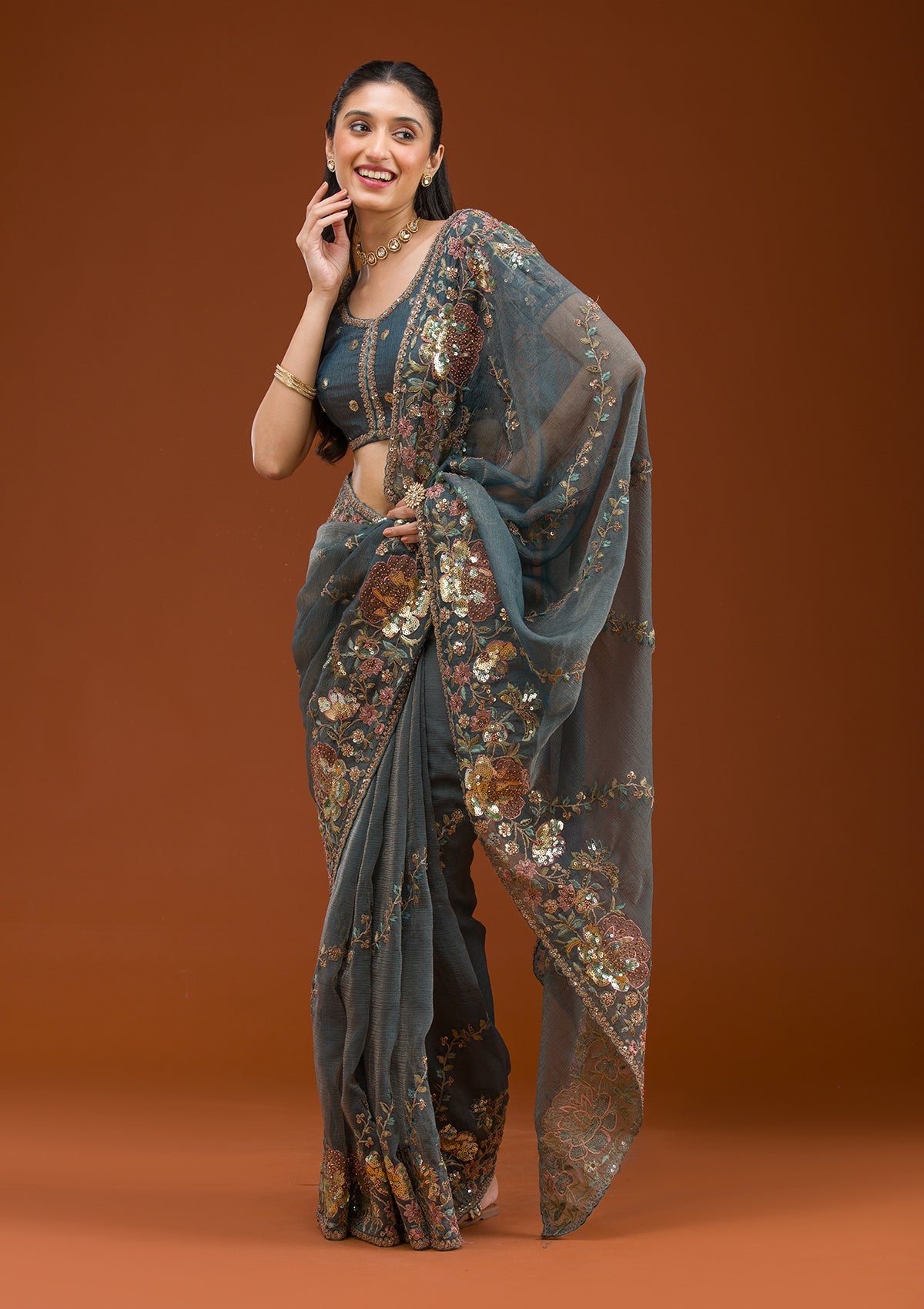 Light Grey Sequins Tissue Saree-Koskii