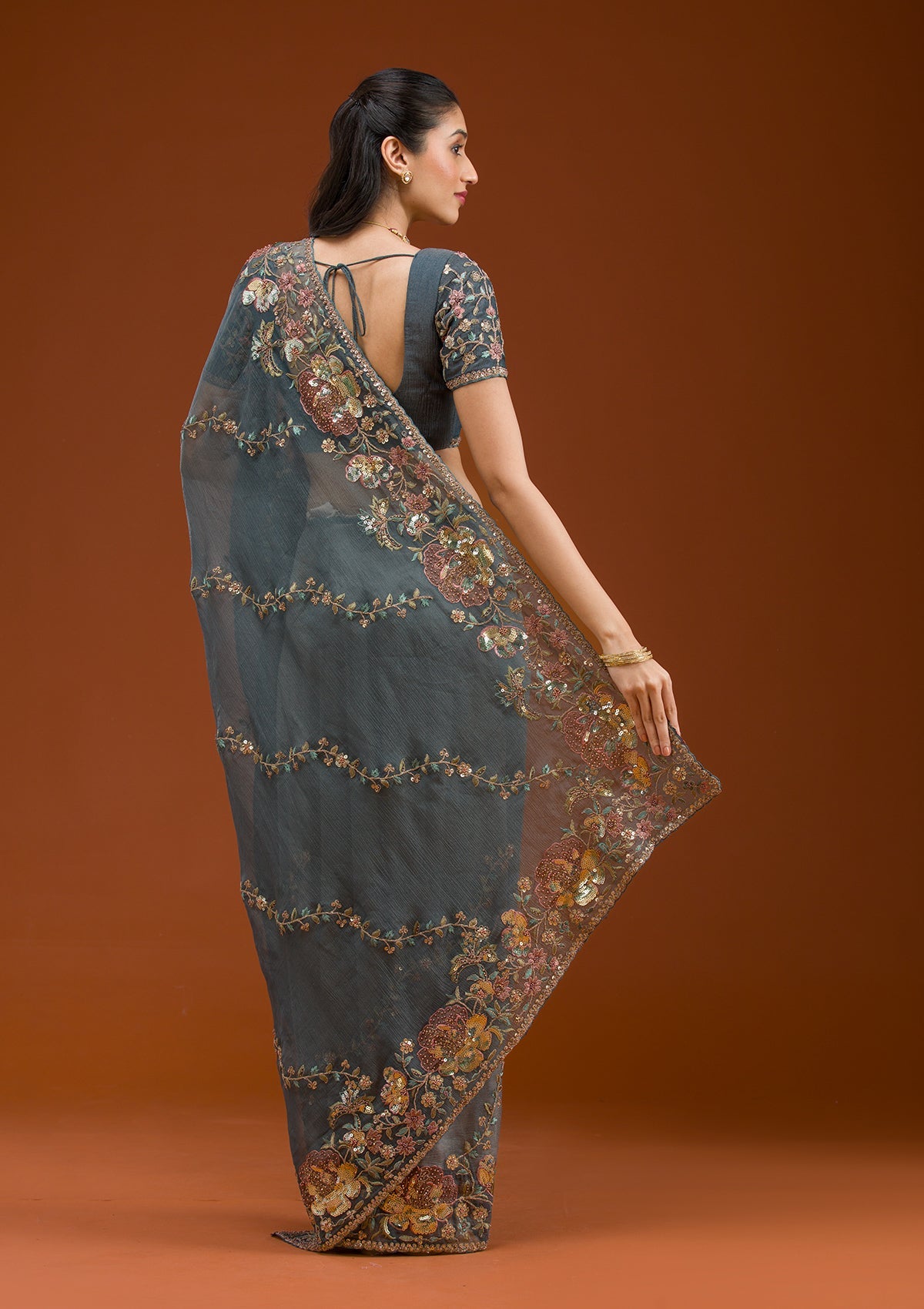 Light Grey Sequins Tissue Saree-Koskii