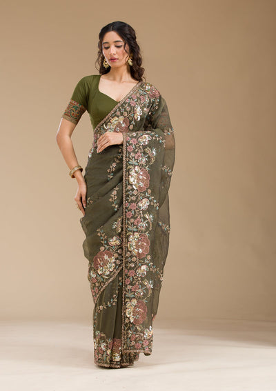 Mehendi Sequins Tissue Saree-Koskii