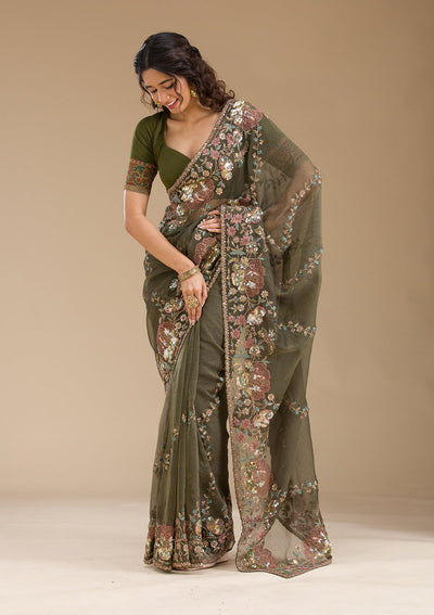 Mehendi Sequins Tissue Saree-Koskii