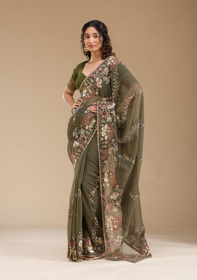 Mehendi Sequins Tissue Saree-Koskii