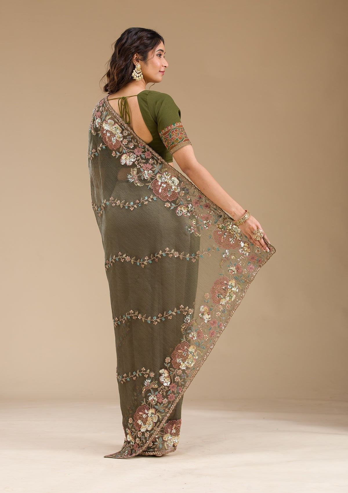 Mehendi Sequins Tissue Saree-Koskii