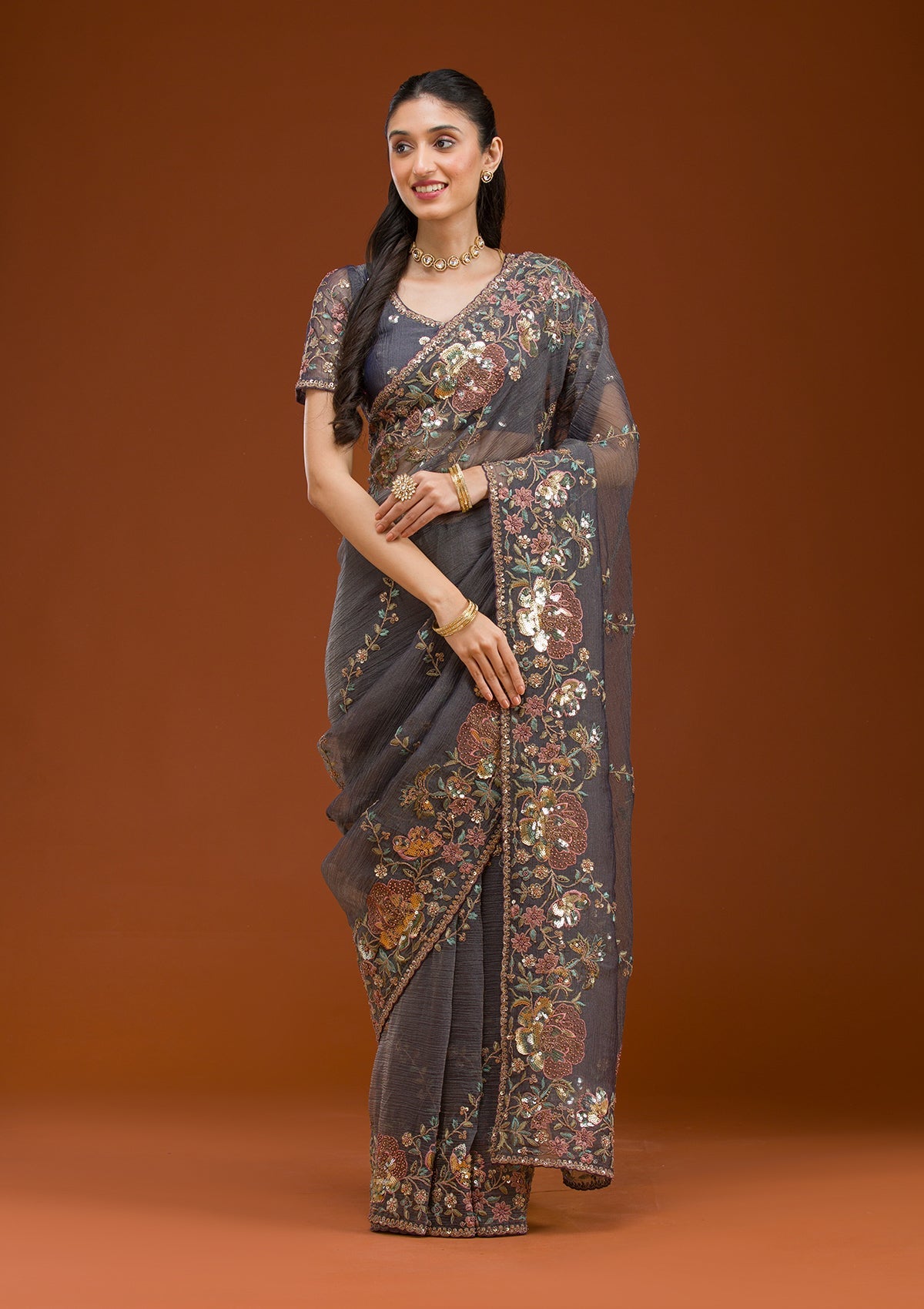 Purple Sequins Tissue Saree-Koskii