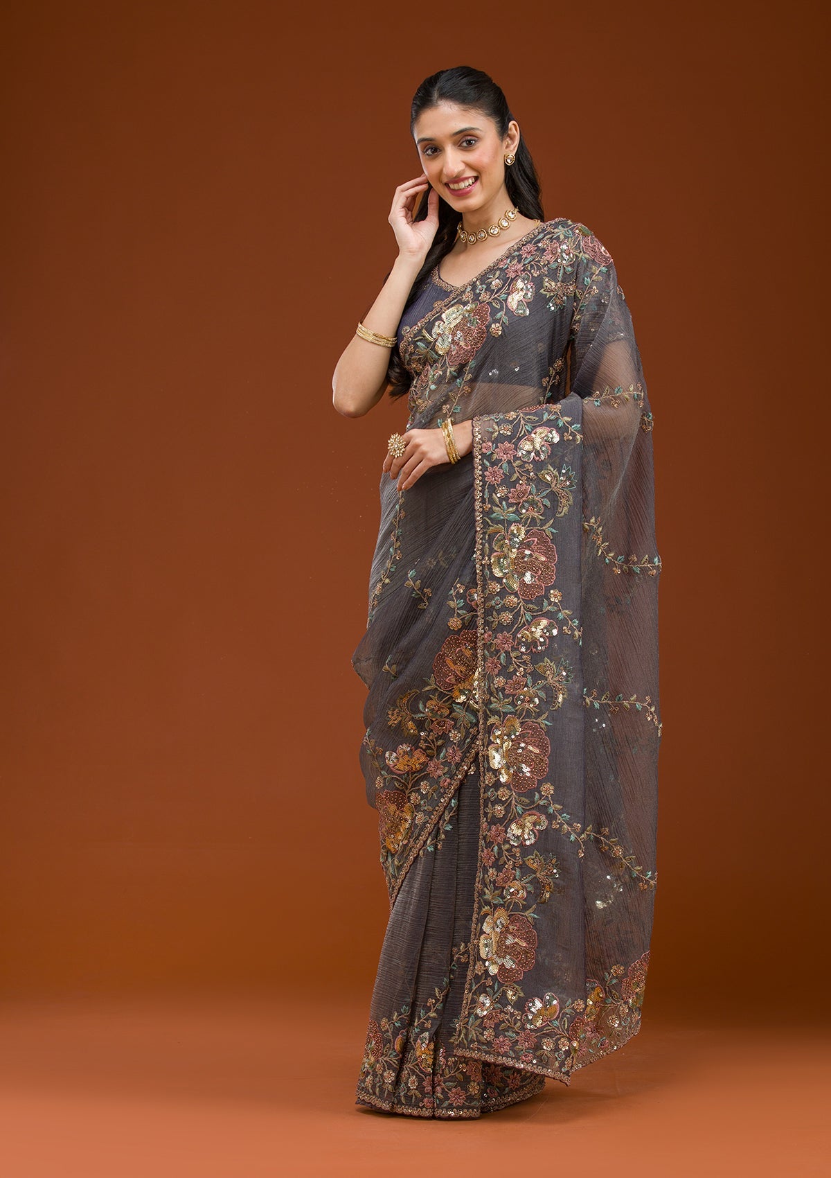 Purple Sequins Tissue Saree-Koskii