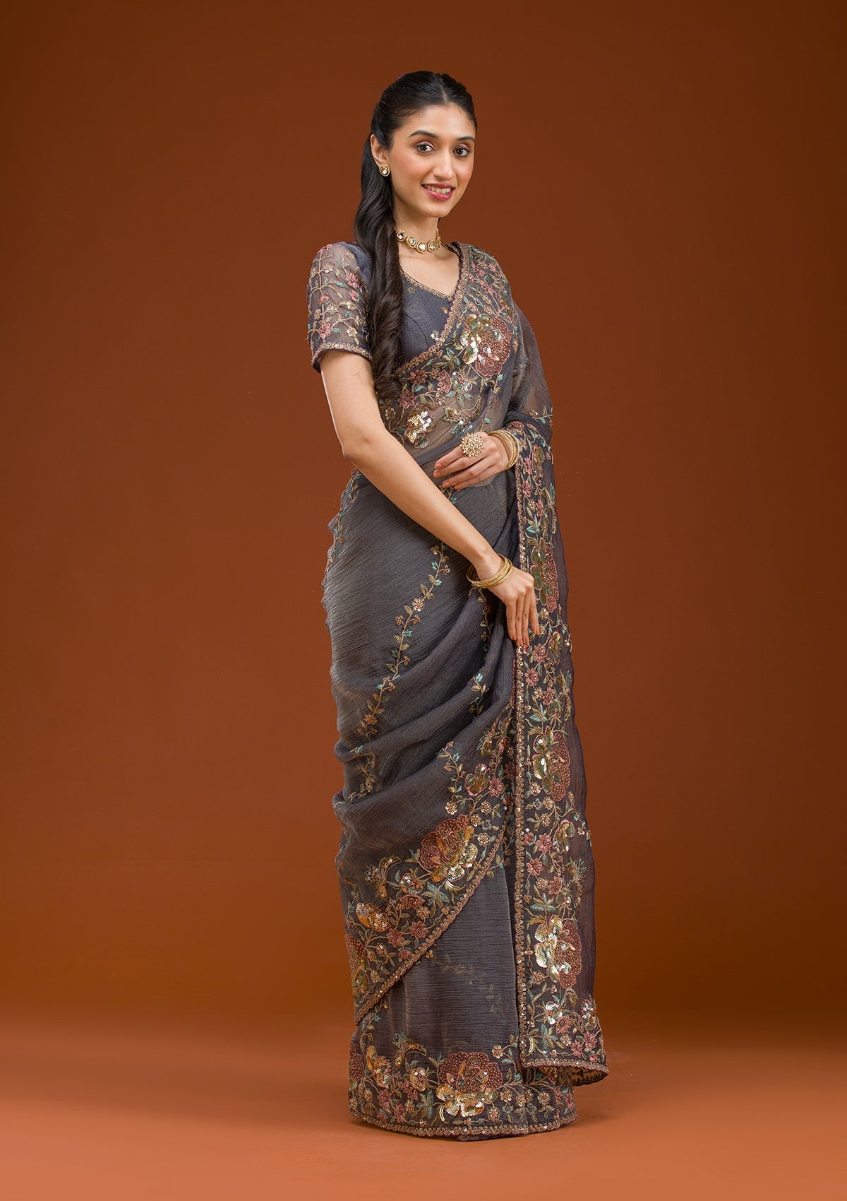 Purple Sequins Tissue Saree-Koskii