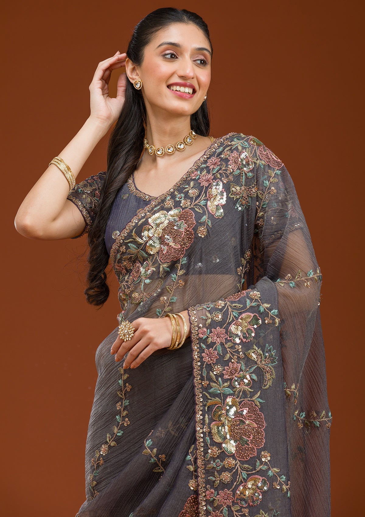 Purple Sequins Tissue Saree-Koskii