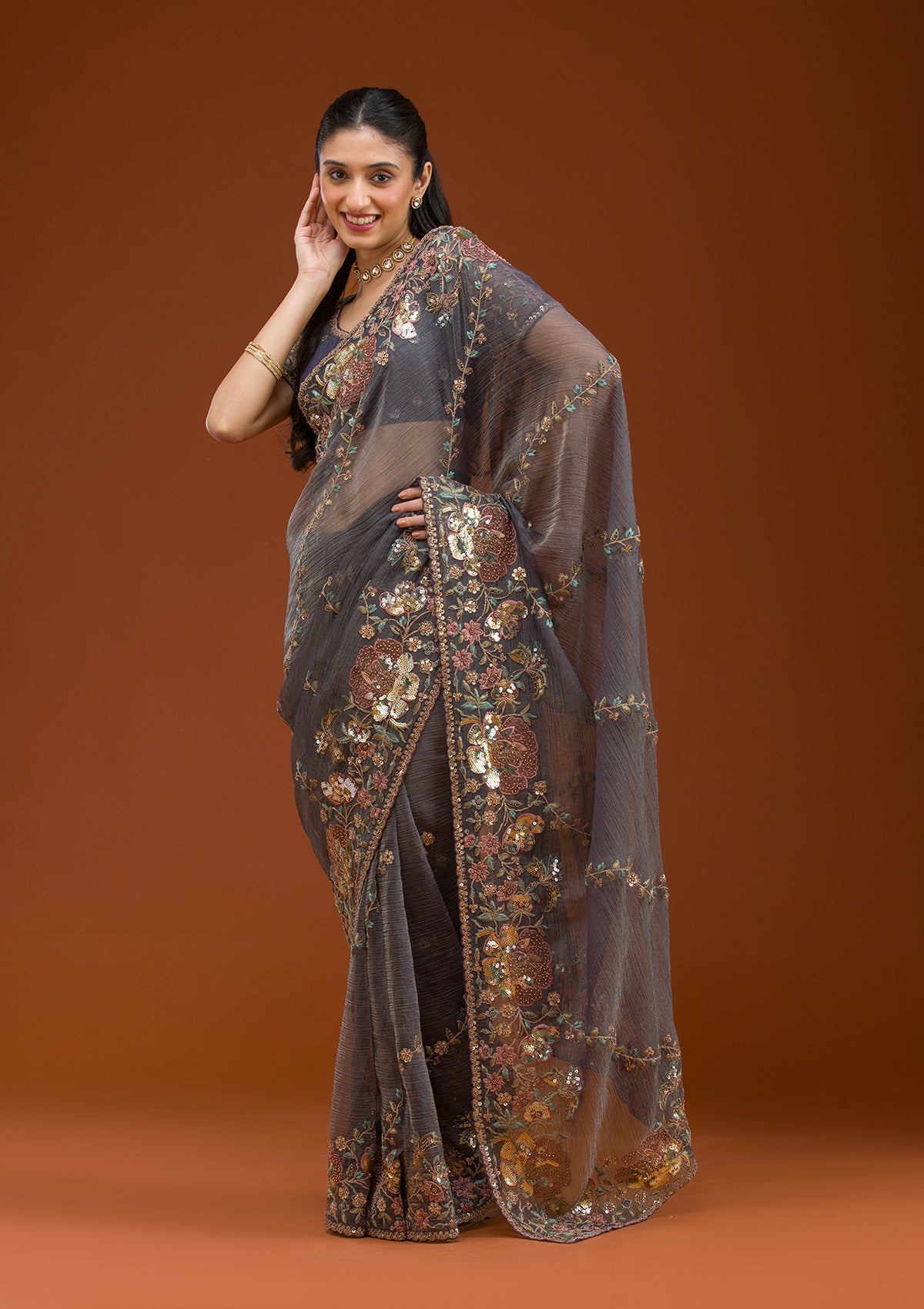 Purple Sequins Tissue Saree-Koskii