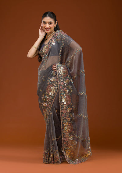 Purple Sequins Tissue Saree-Koskii