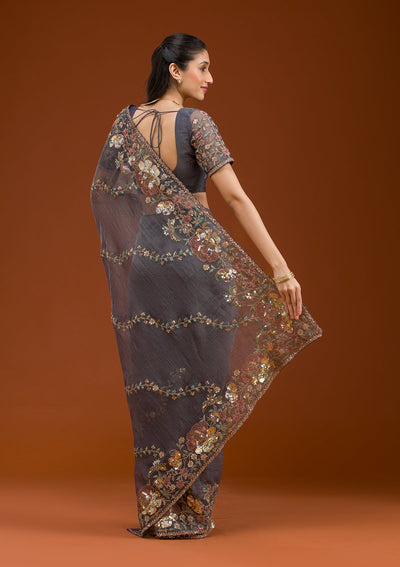 Purple Sequins Tissue Saree-Koskii