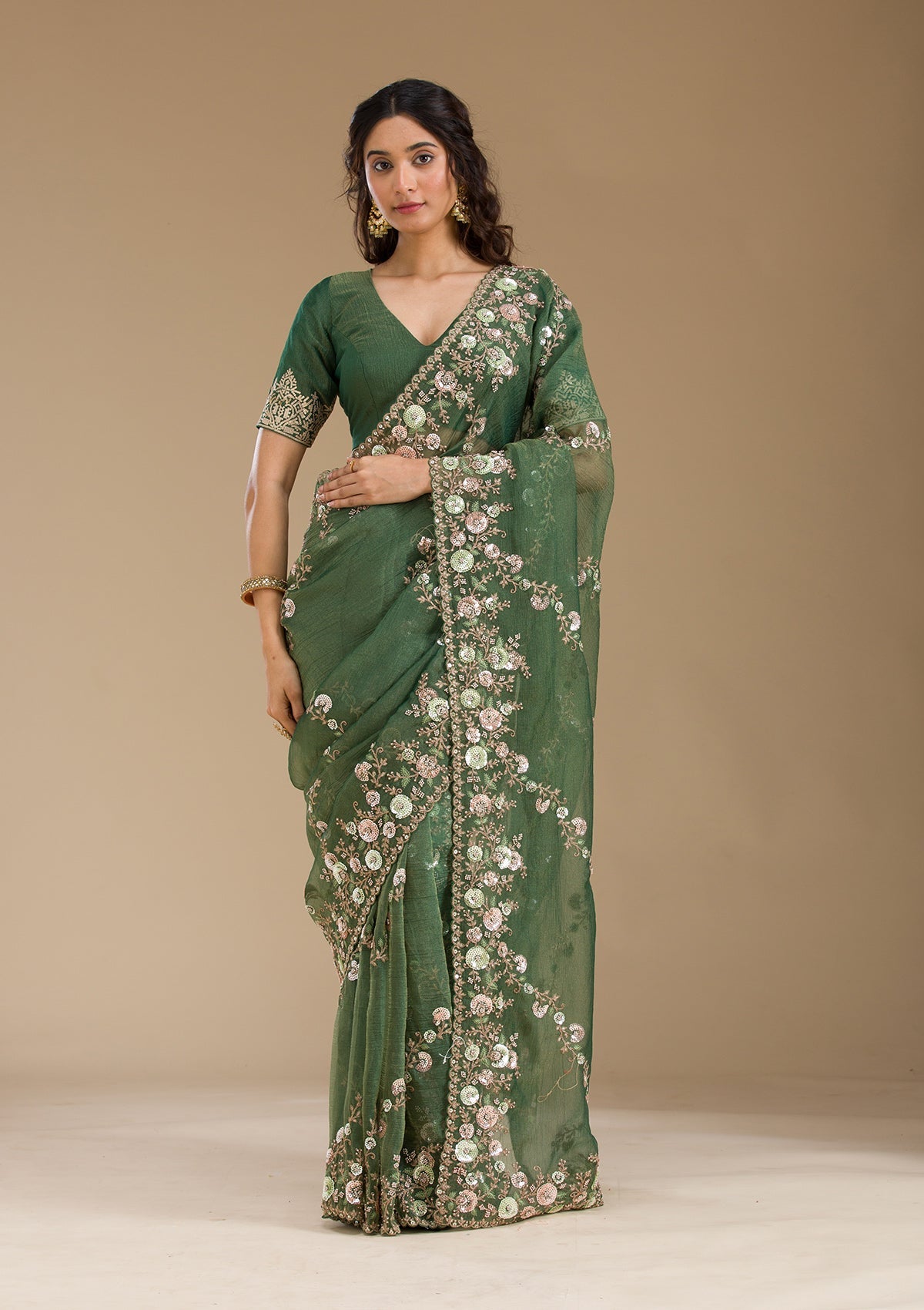 Bottle Green Sequins Tissue Saree-Koskii