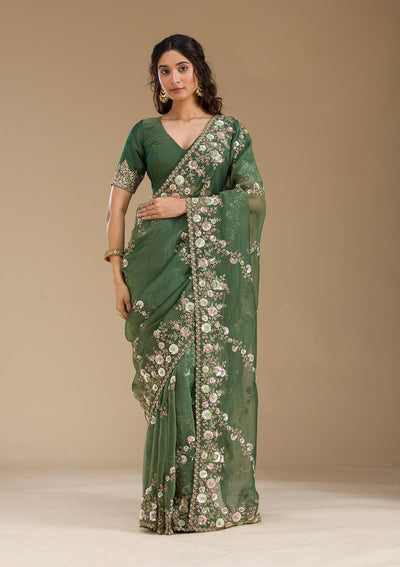 Bottle Green Sequins Tissue Saree-Koskii