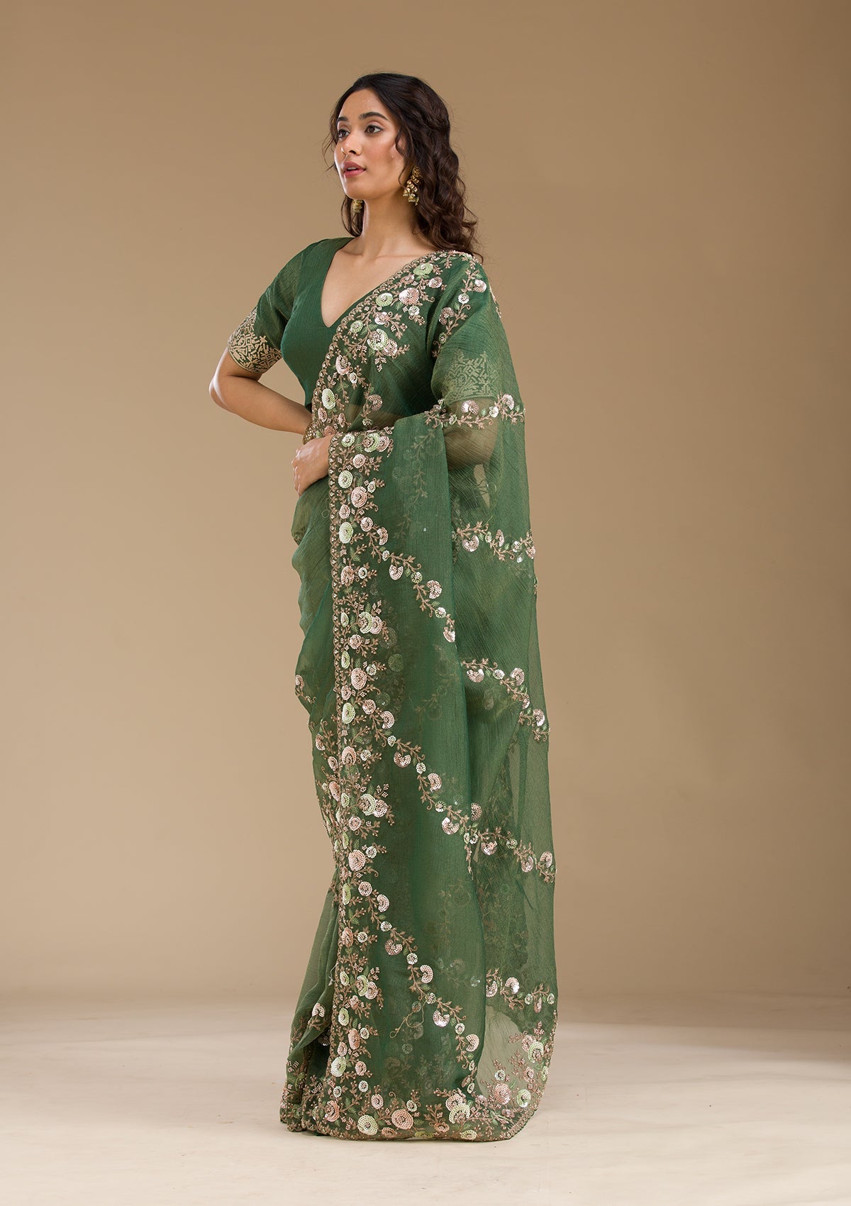 Bottle Green Sequins Tissue Saree-Koskii