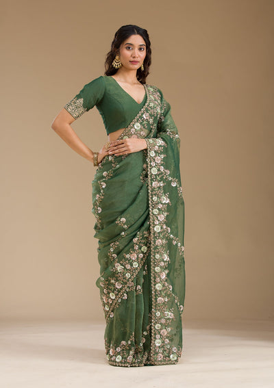 Bottle Green Sequins Tissue Saree-Koskii